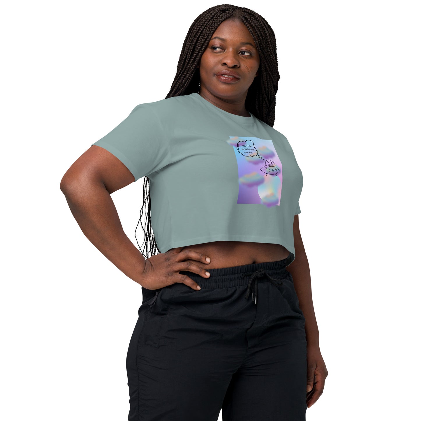 Sprinkle Theory Crop Top - Left Placement by R.A. Apparel, image 47, front view, right-side angle, White, size S, left placement.
