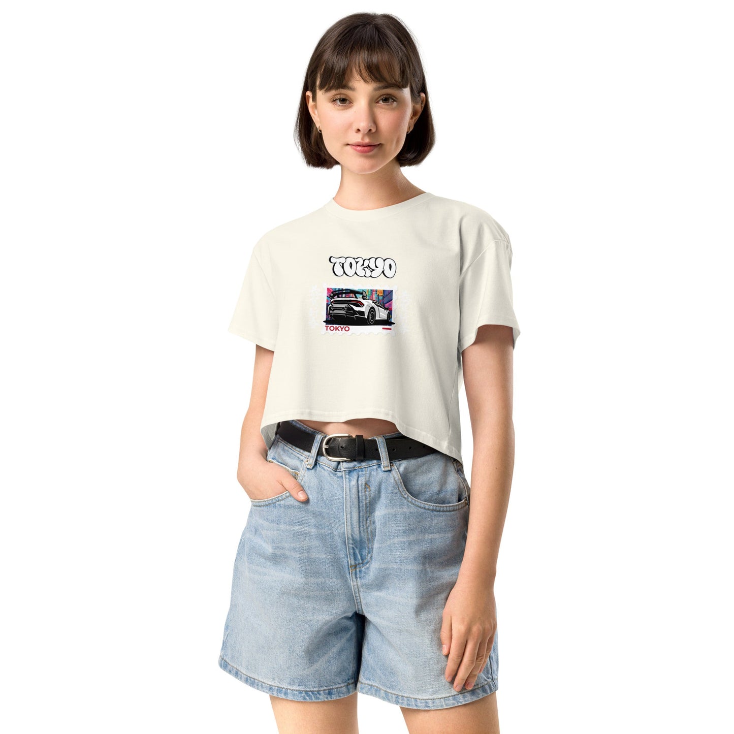 Image 9 of Mineral Tokyo Signal Crop Top - Left Placement, size L, with Tokyo artwork visible in front view.