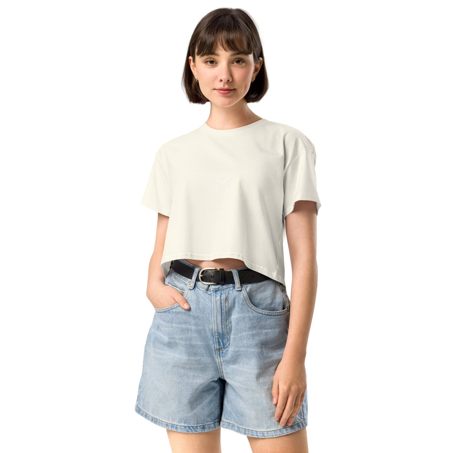 Bullborne Crop Top - Left Placement image 9 in Mineral, size L, showing front view for the Taurus design.
