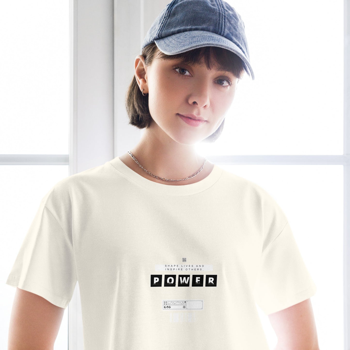 Image 8 of Mineral Impact Form Crop Top - Left Placement, size M, with Shape Lives artwork visible in front view.