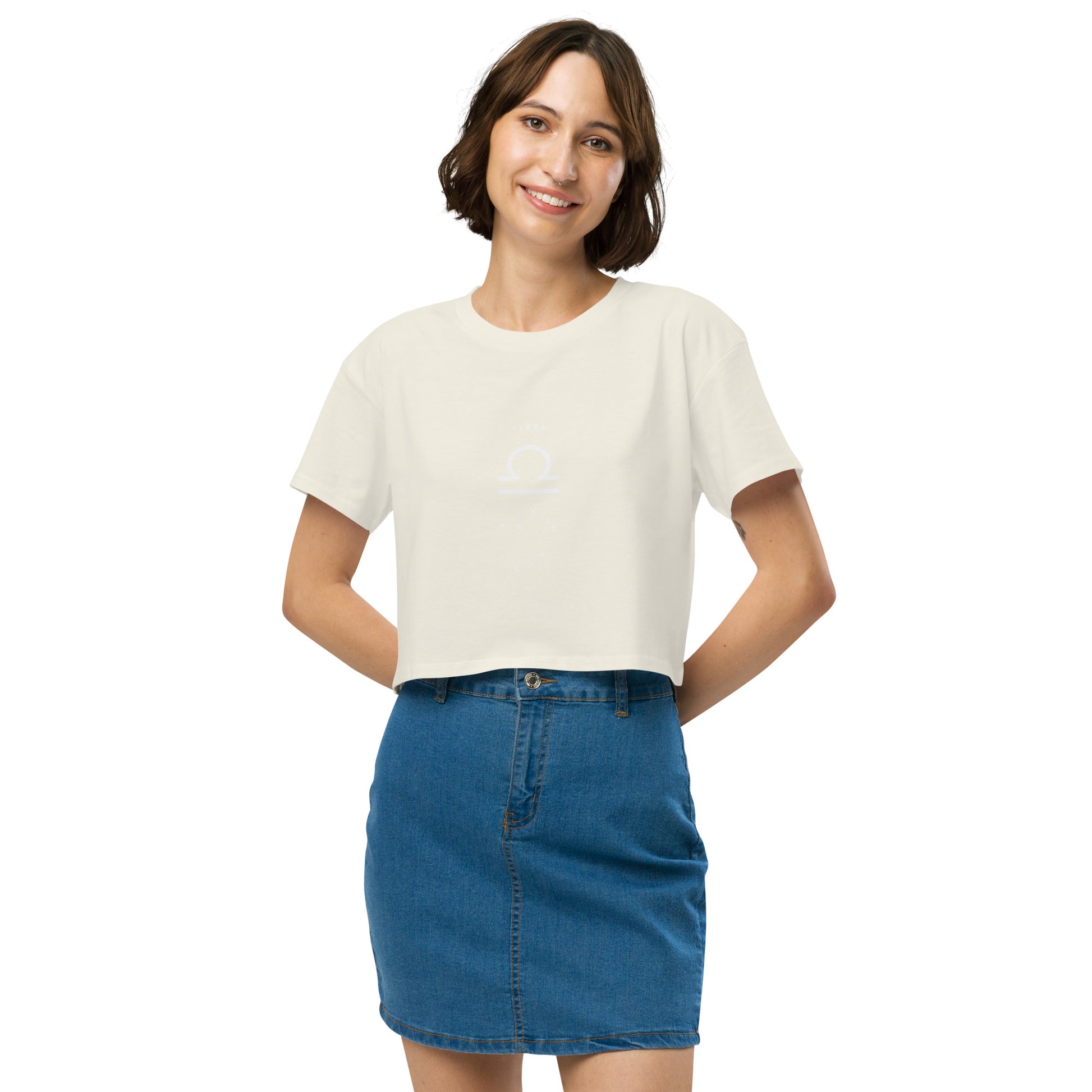 Balance Court Crop Top - Left Placement image 30 in Bone, size XL, showing front view for the Libra design.