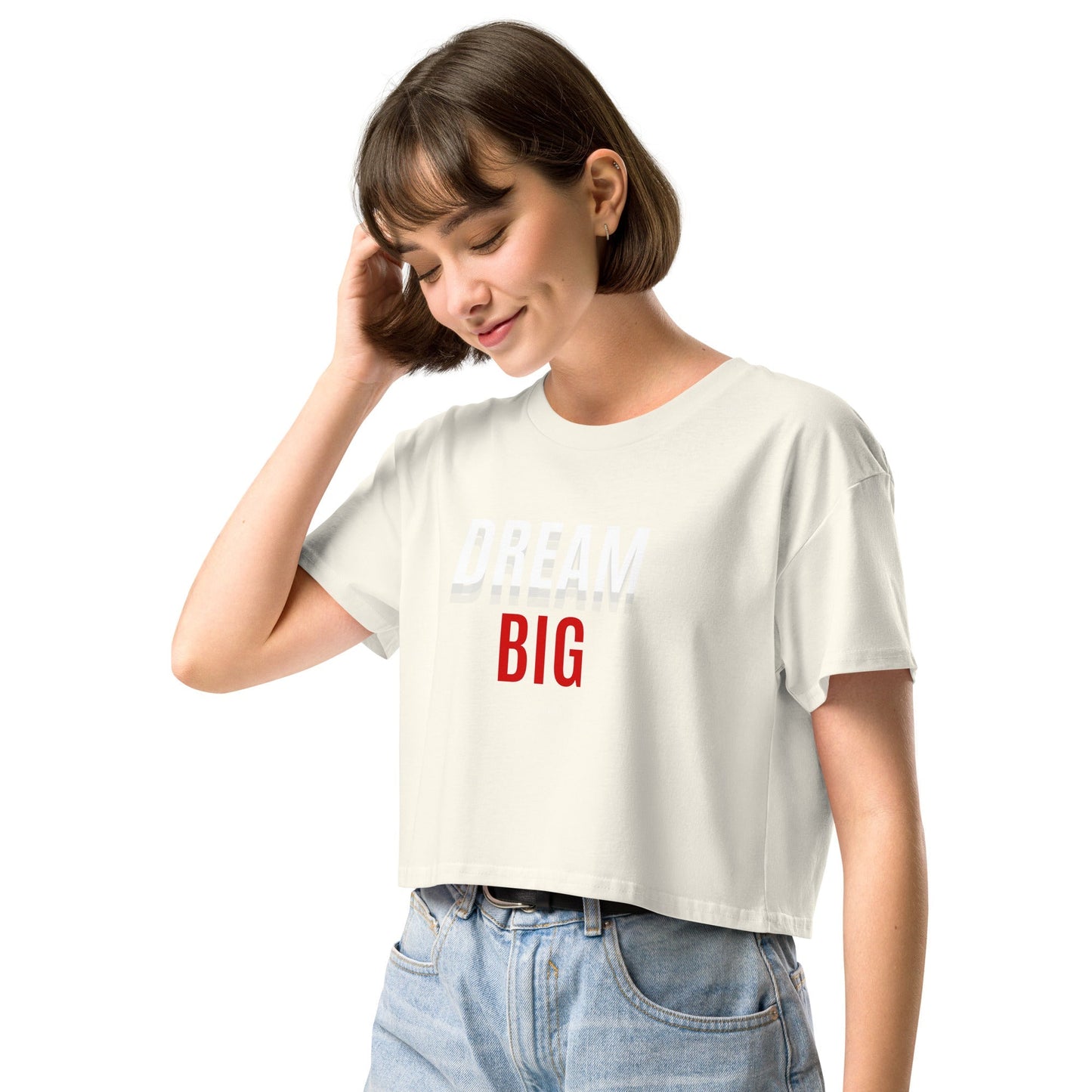 Image 8 of Mineral Skyline Dream Crop Top - Left Placement, size M, with Dream Big artwork visible in front view, left-side angle.