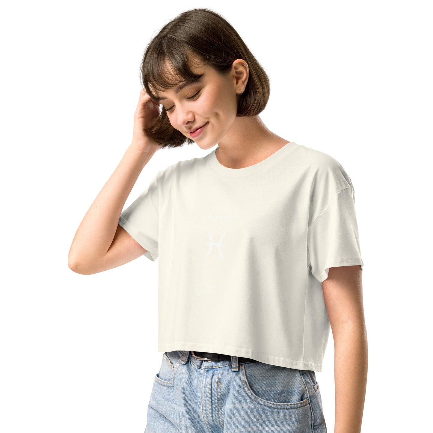 Tideborn Crop Top - Left Placement image 13 in Hazy Pink, size M, showing front view, left-side angle for the Pisces design.