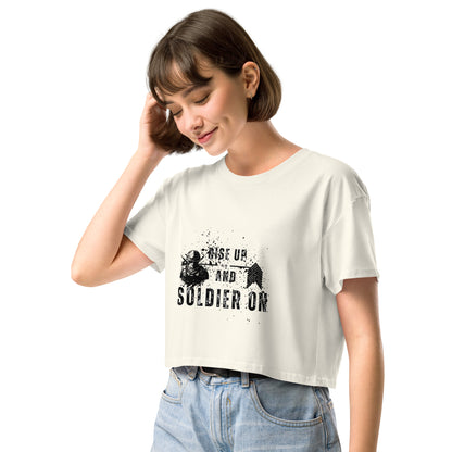 Fortitude Crop Top - Left Placement image 12: Bubblegum version, size S with front view, left-side angle of the Soldier On range.