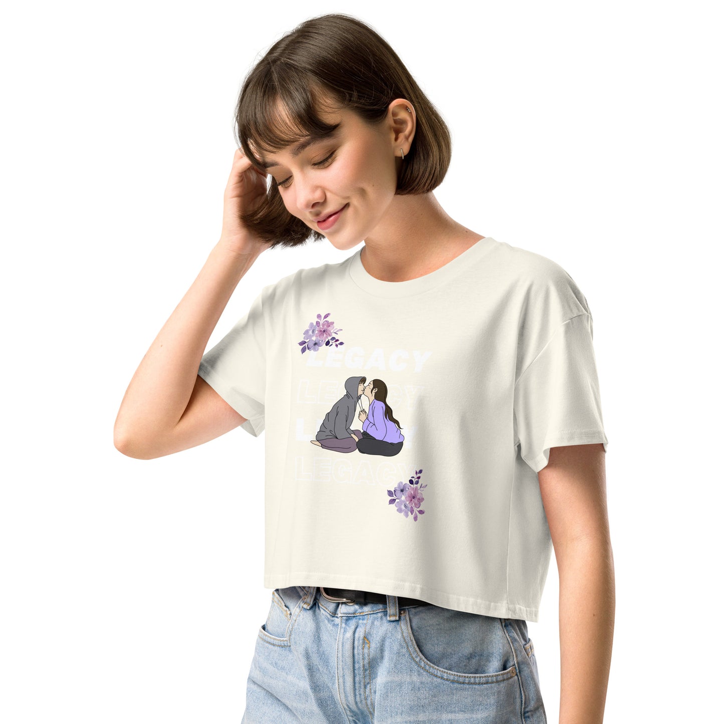 Heirloom Crop Top - Left Placement by R.A. Apparel, image 23, front view, left-side angle, Pale Pink, size M, left placement.