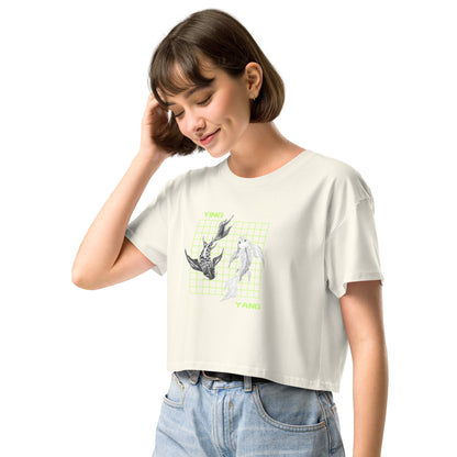 Equinoxe Crop Top image 23 in Bone, size L, showing front view, left-side angle for the Ying and Yang design.