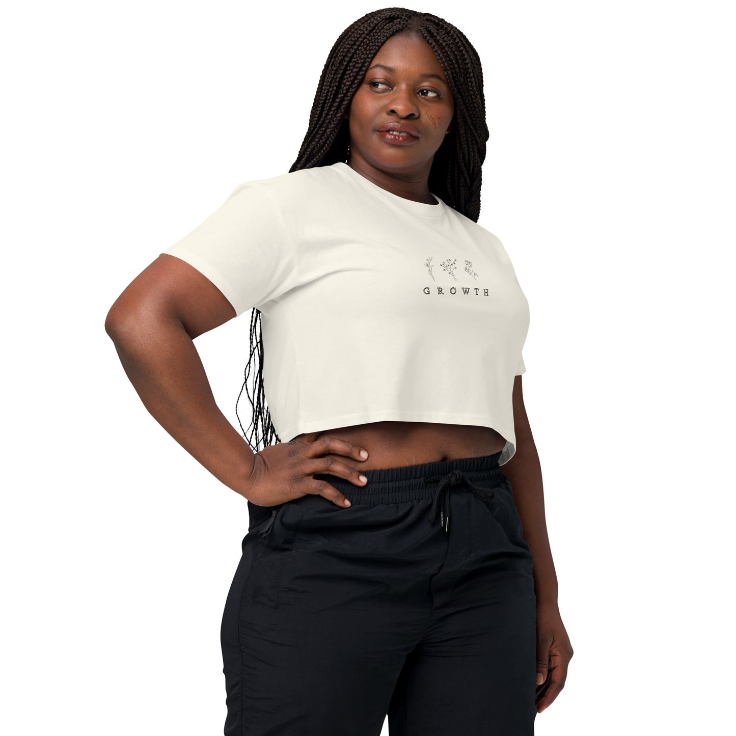 Growthline Crop Top - Left Placement by R.A. Apparel, image 37, front view, right-side angle, Natural, size S, left placement.