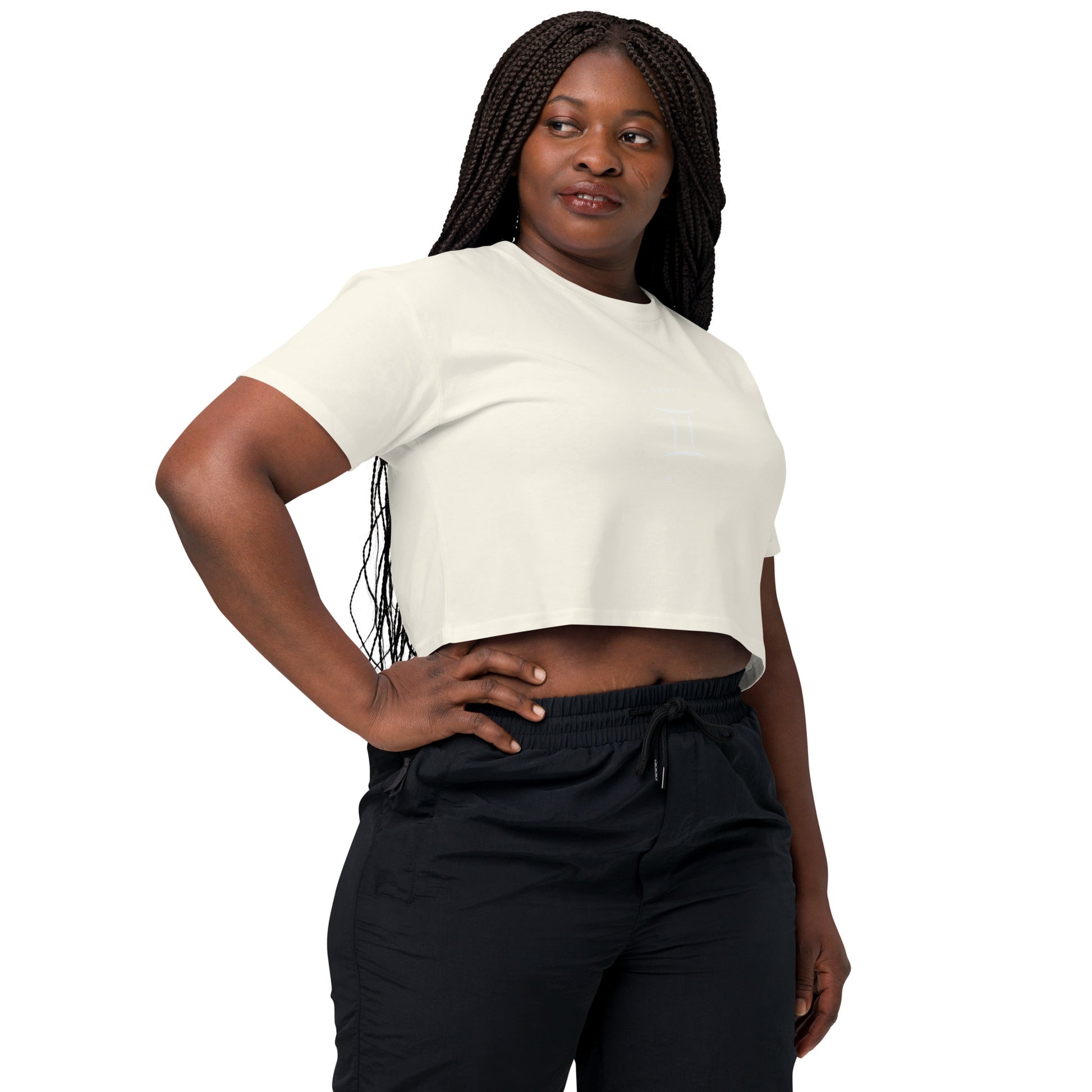 Twin Signal Crop Top - Left Placement image 37 in Natural, size S, showing front view, right-side angle for the Gemini design.