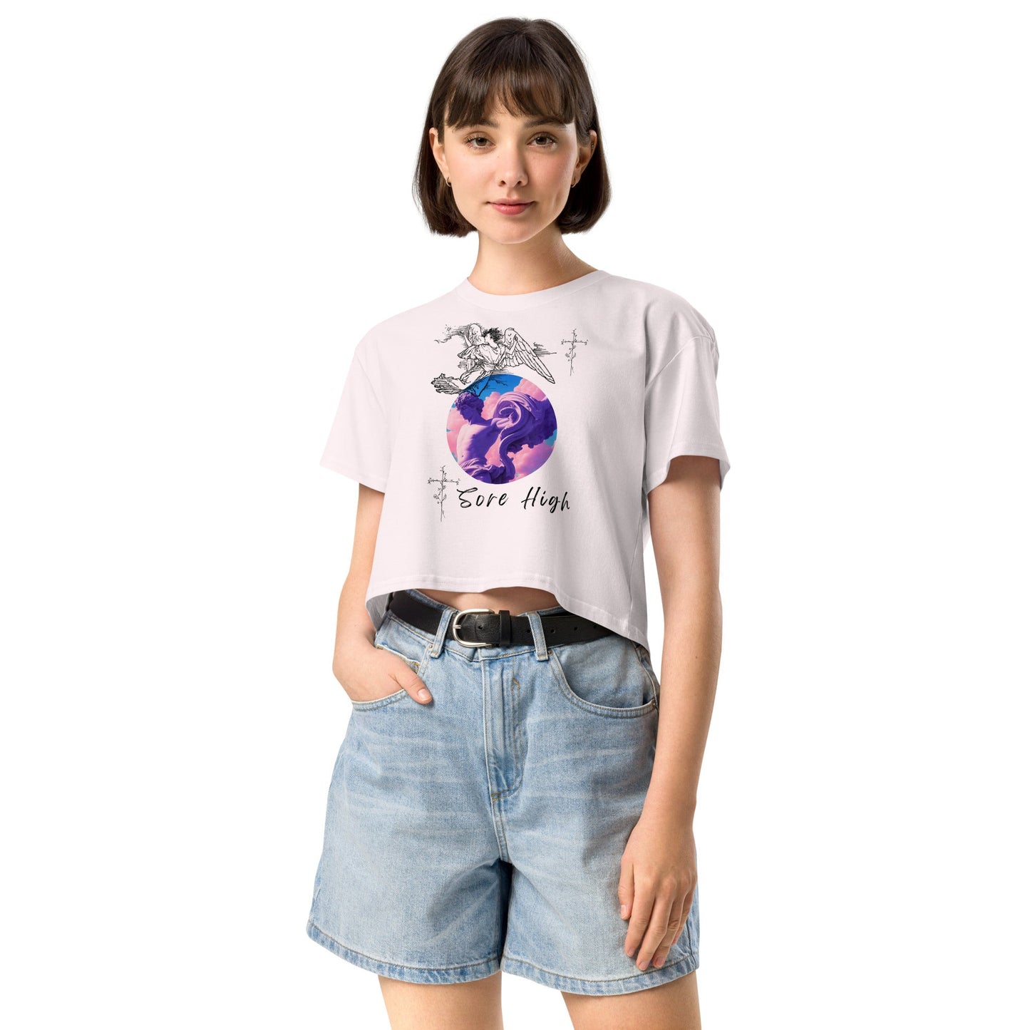 Skyborne Crop Top - Left Placement image 8: Mineral version, size M with front view of the Sore High range.