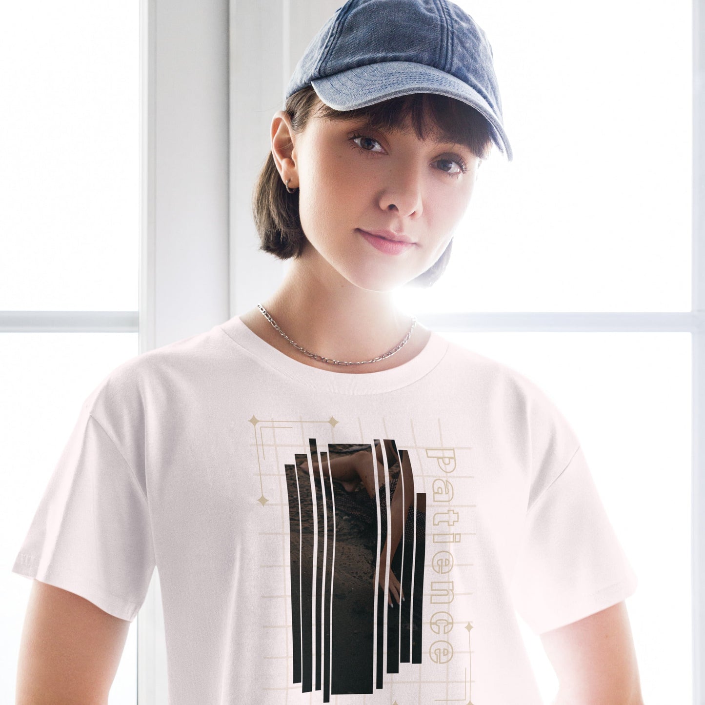 Stillwater Crop Top - Left Placement image 6 in Mineral, size XS, showing front view for the Patience design.