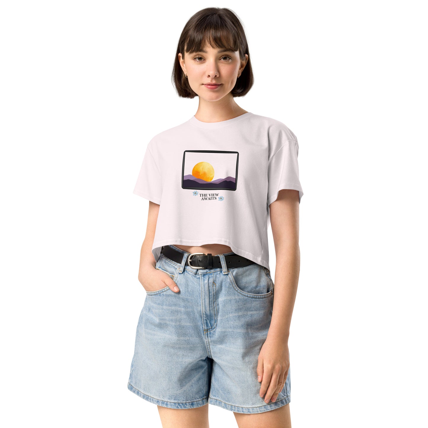 Image 20 of Pale Pink Avenor Crop Top, size XL, with The View Awaits artwork visible in front view.
