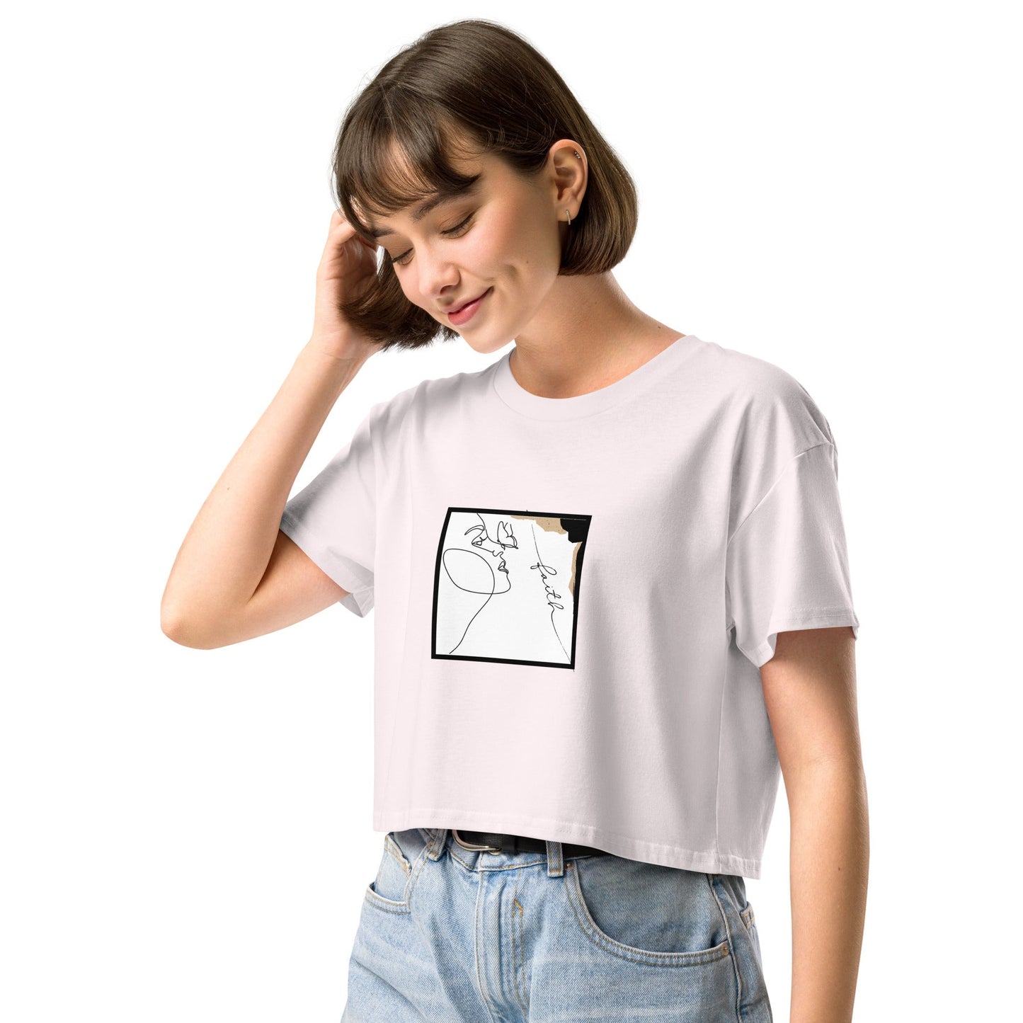 Faithline Crop Top - Left Placement by R.A. Apparel, image 7, front view, left-side angle, Mineral, size S, left placement.