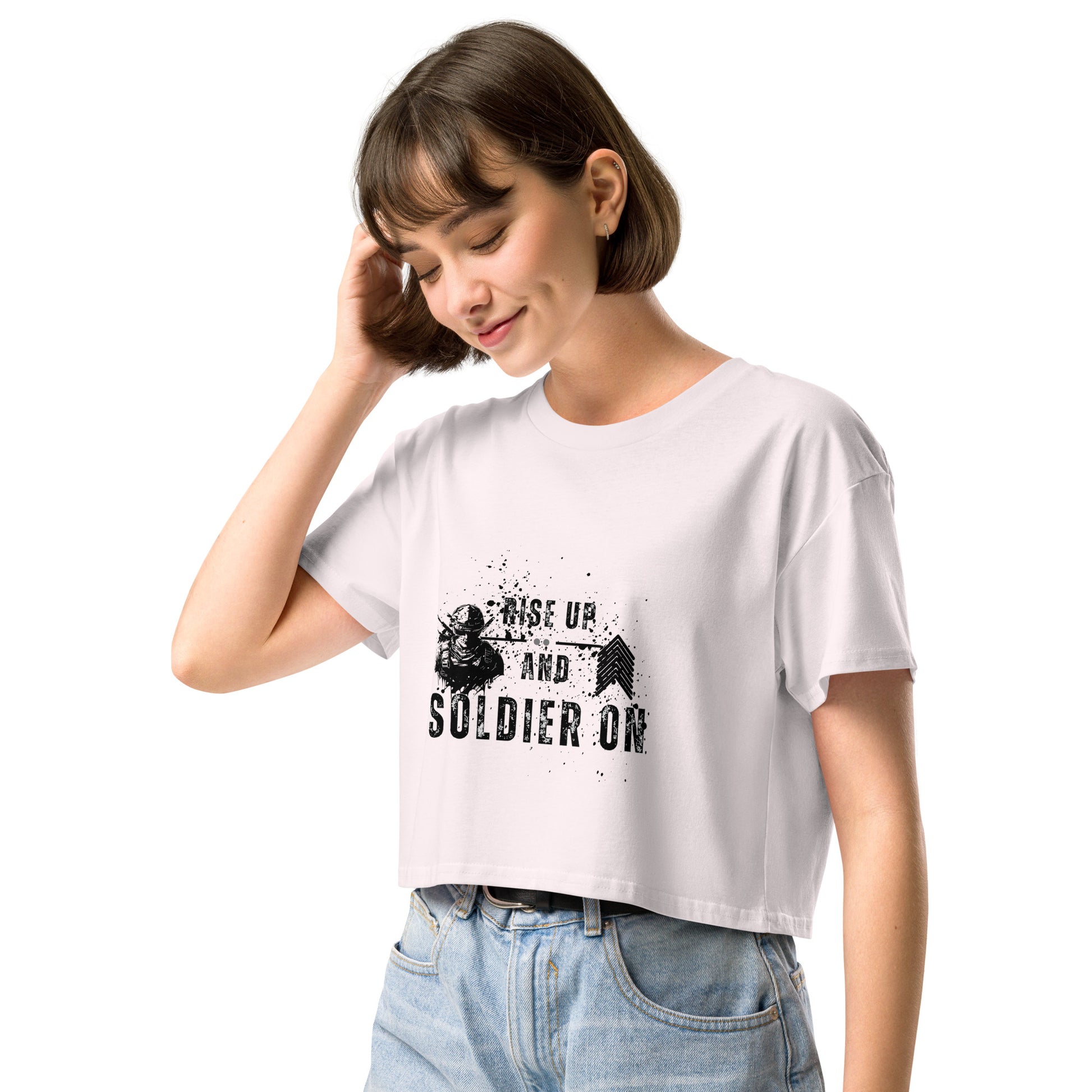 Fortitude Crop Top - Left Placement image 3: Mineral version, size M with front view, left-side angle of the Soldier On range.