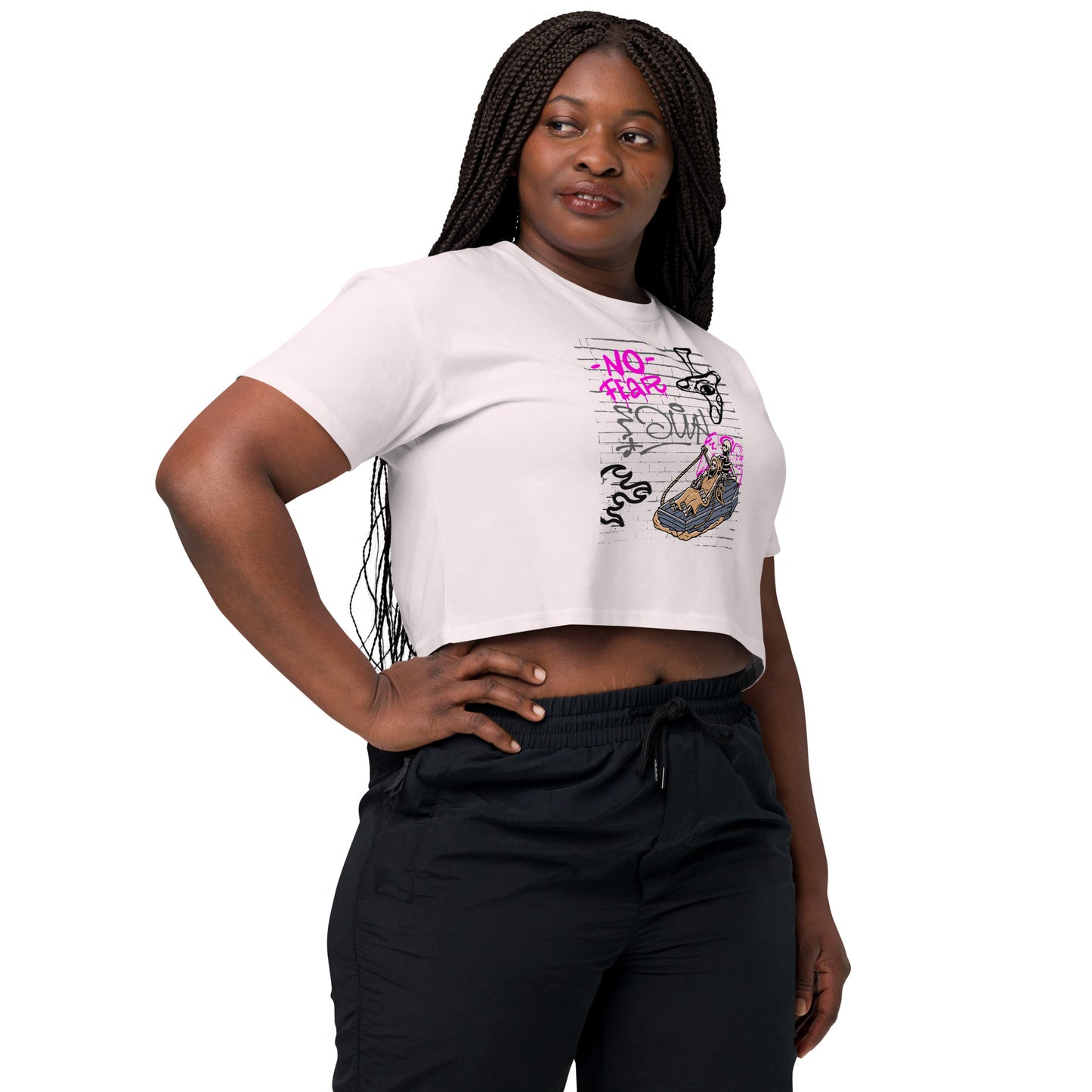 Fearless Crop Top - Left Placement by R.A. Apparel, image 12, front view, right-side angle, Hazy Pink, size S, left placement.