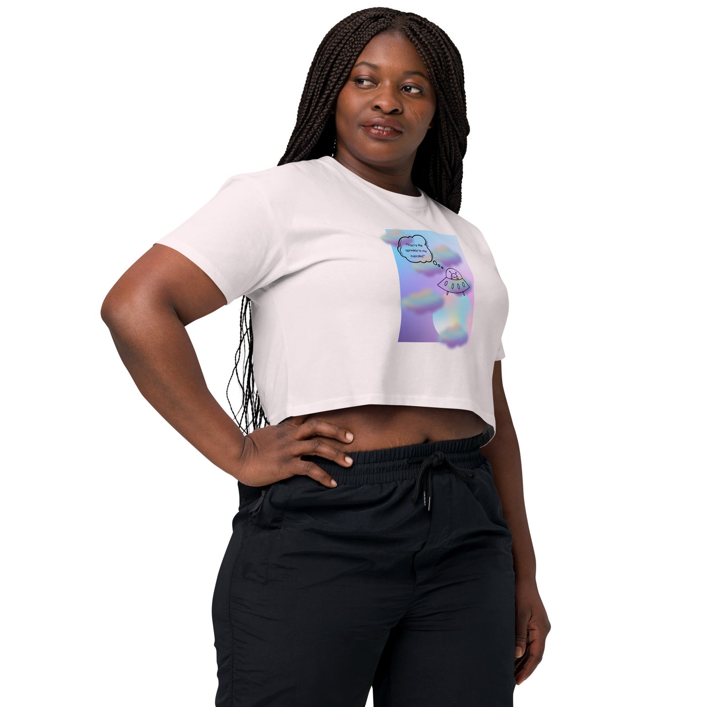Sprinkle Theory Crop Top - Left Placement image 12 in Hazy Pink, size S, showing front view, right-side angle for the You're the Sprinkle to My Cupcake design.