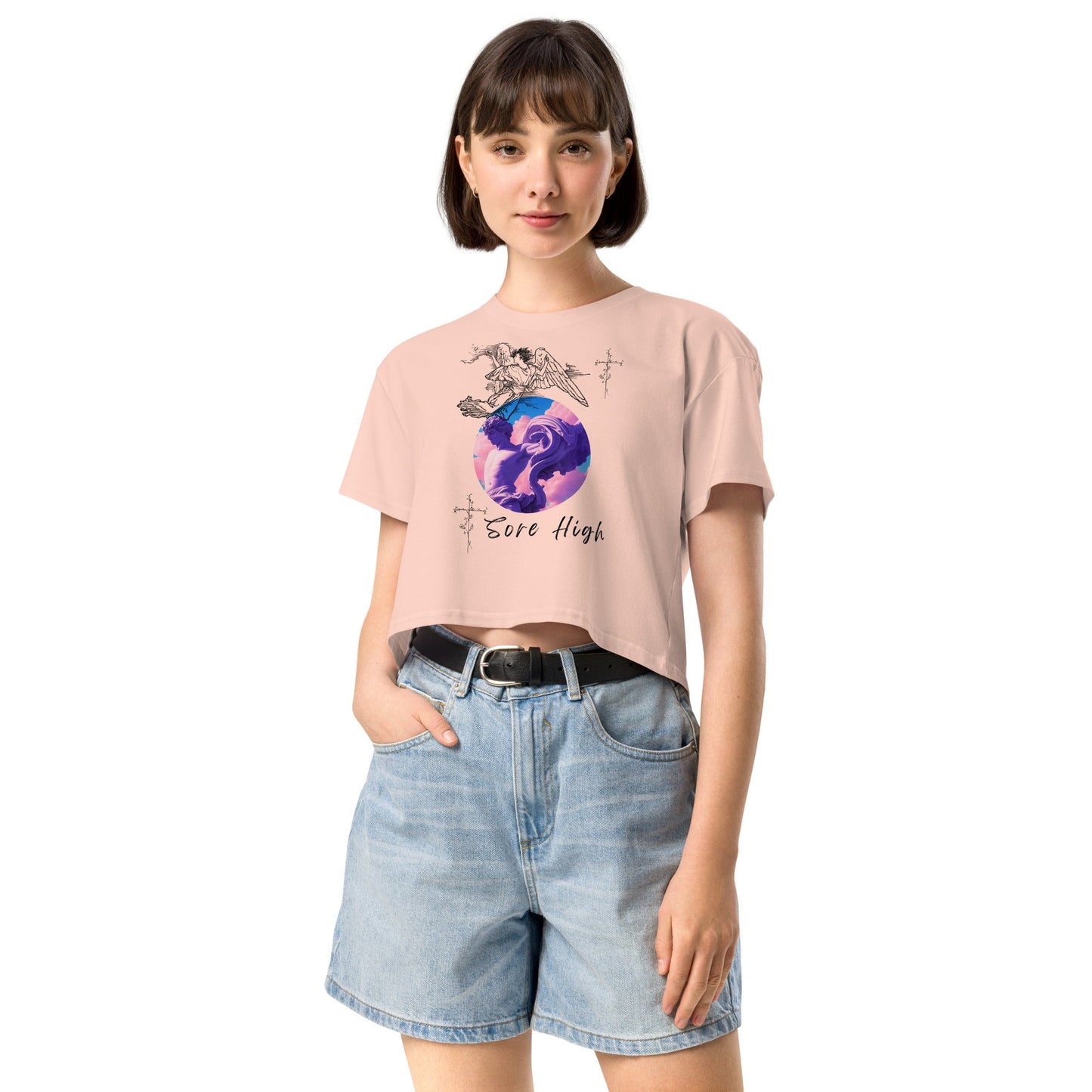 Skyborne Crop Top - Left Placement image 6 in Mineral, size XS, showing front view for the Sore High design.