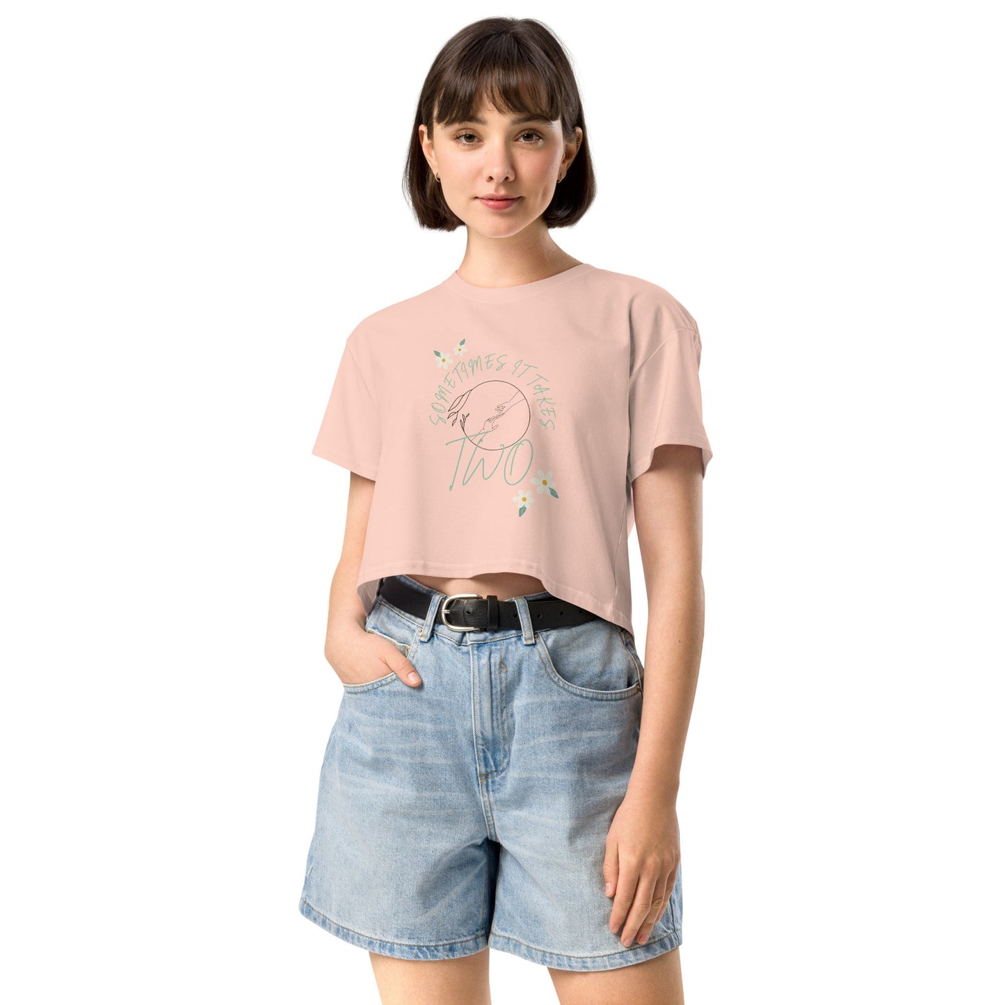 Image 6 of Mineral Duet Crop Top - Left Placement, size XS, with It Takes Two artwork visible in front view.
