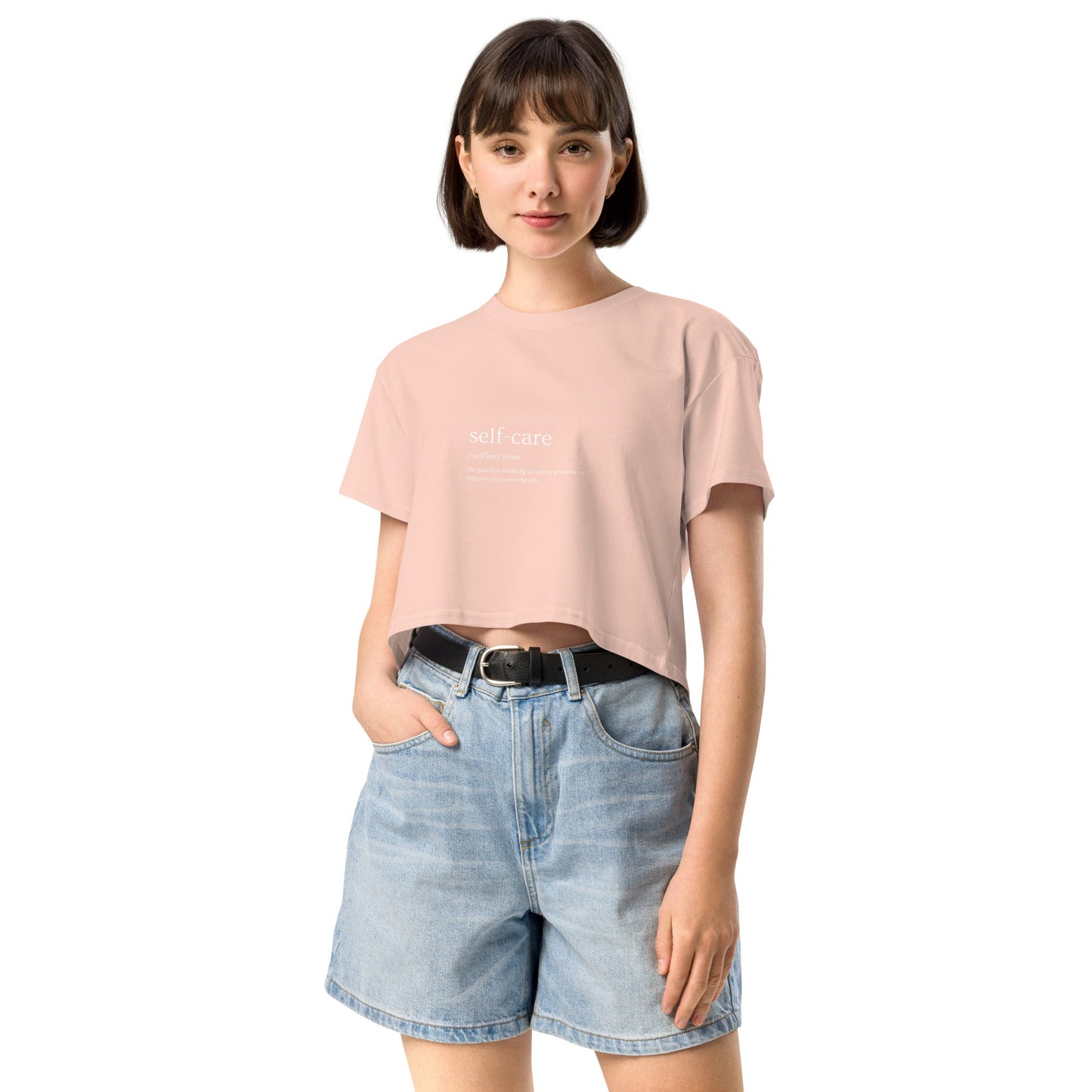 Self Ritual Crop Top - Left Placement image 6: Mineral version, size XS with front view of the Self Care range.