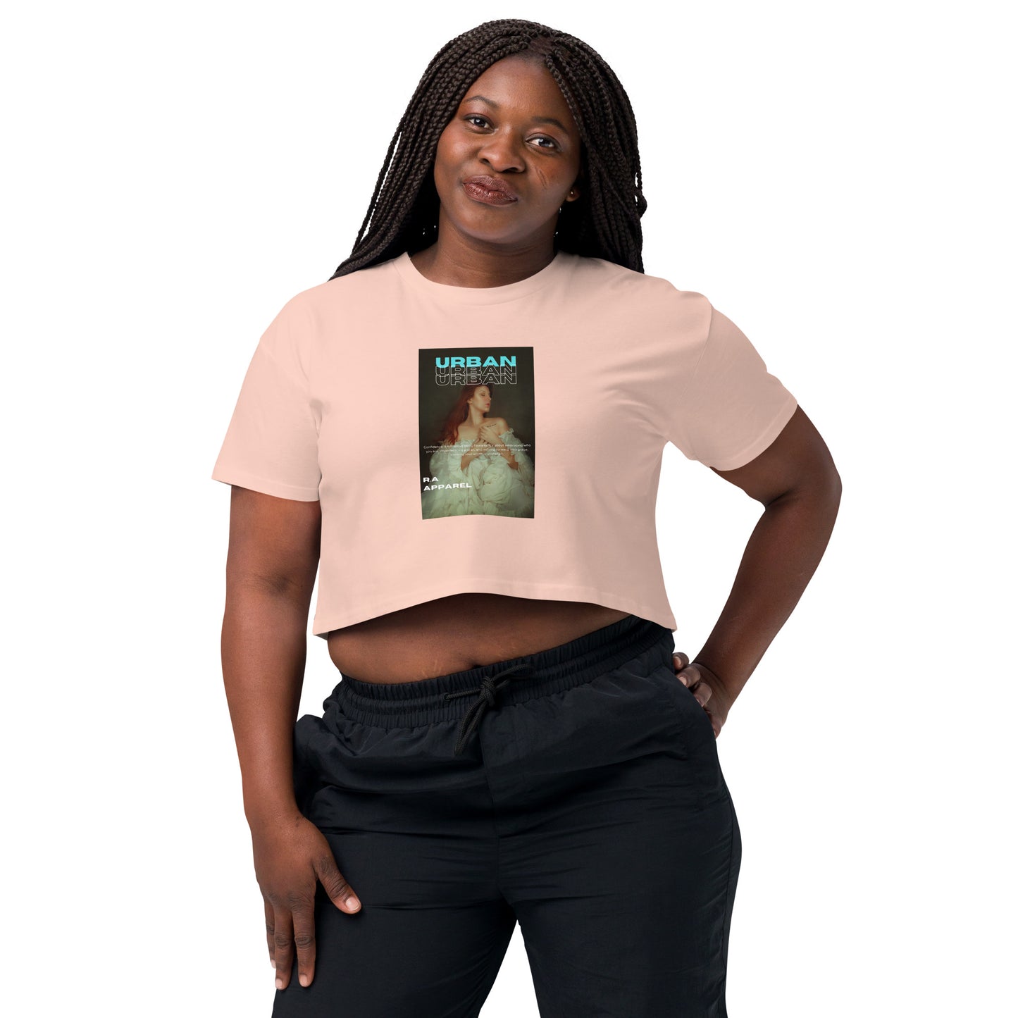 Image 11 of Hazy Pink Urban Crop Top - Left Placement, size XS, with Urban artwork visible in front view.