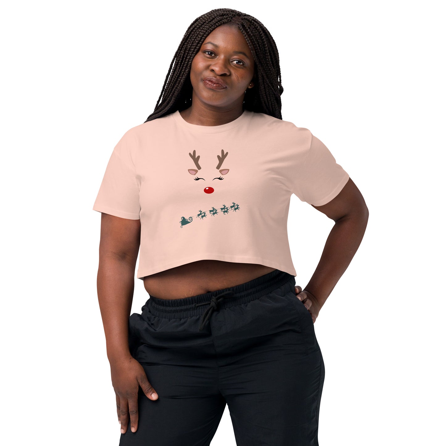Northern Run Crop Top - Left Placement image 11 in Bubblegum, size XS, showing front view for the Reindeer design.