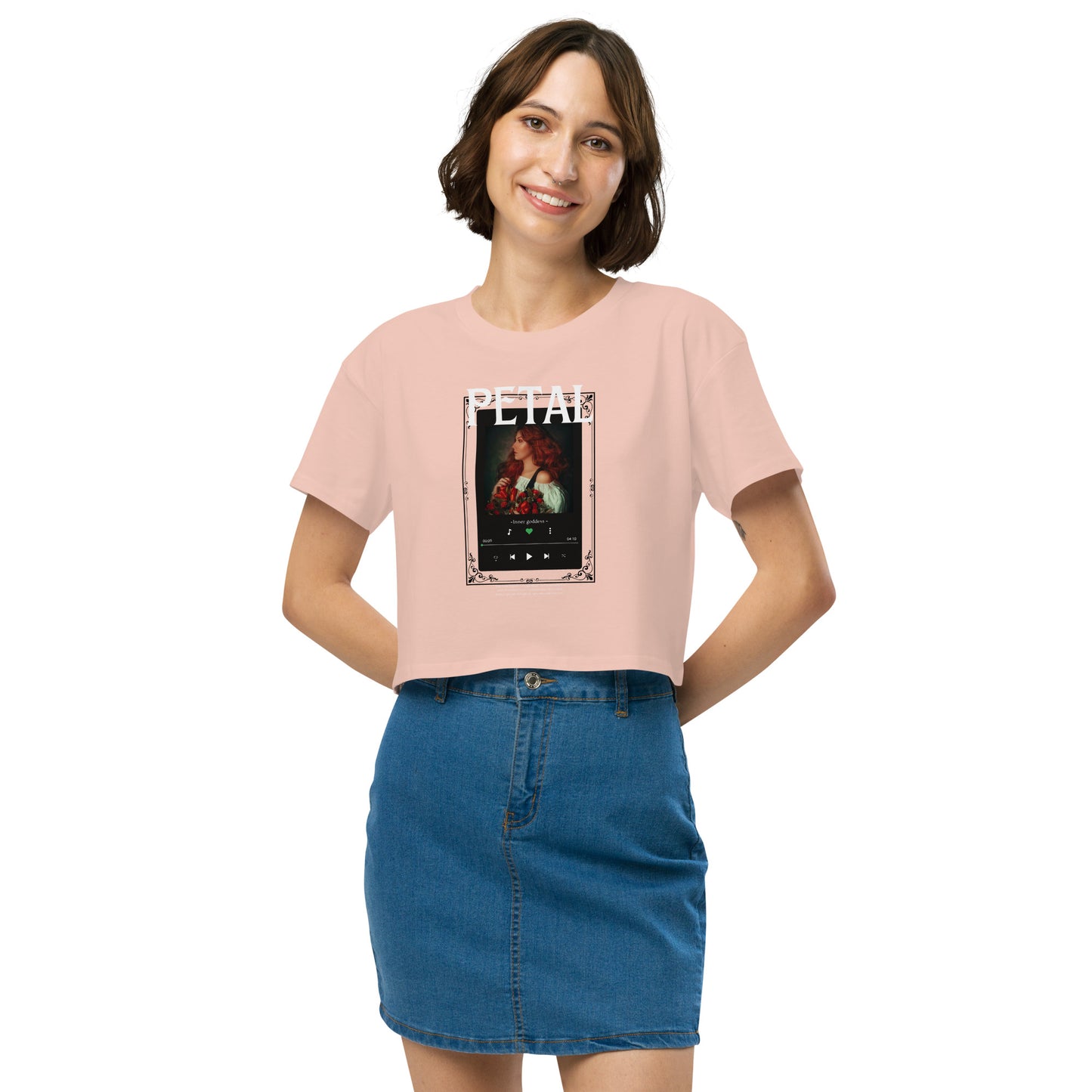 Petaline Crop Top - Left Placement by R.A. Apparel, image 11, front view, Hazy Pink, size XS, left placement.