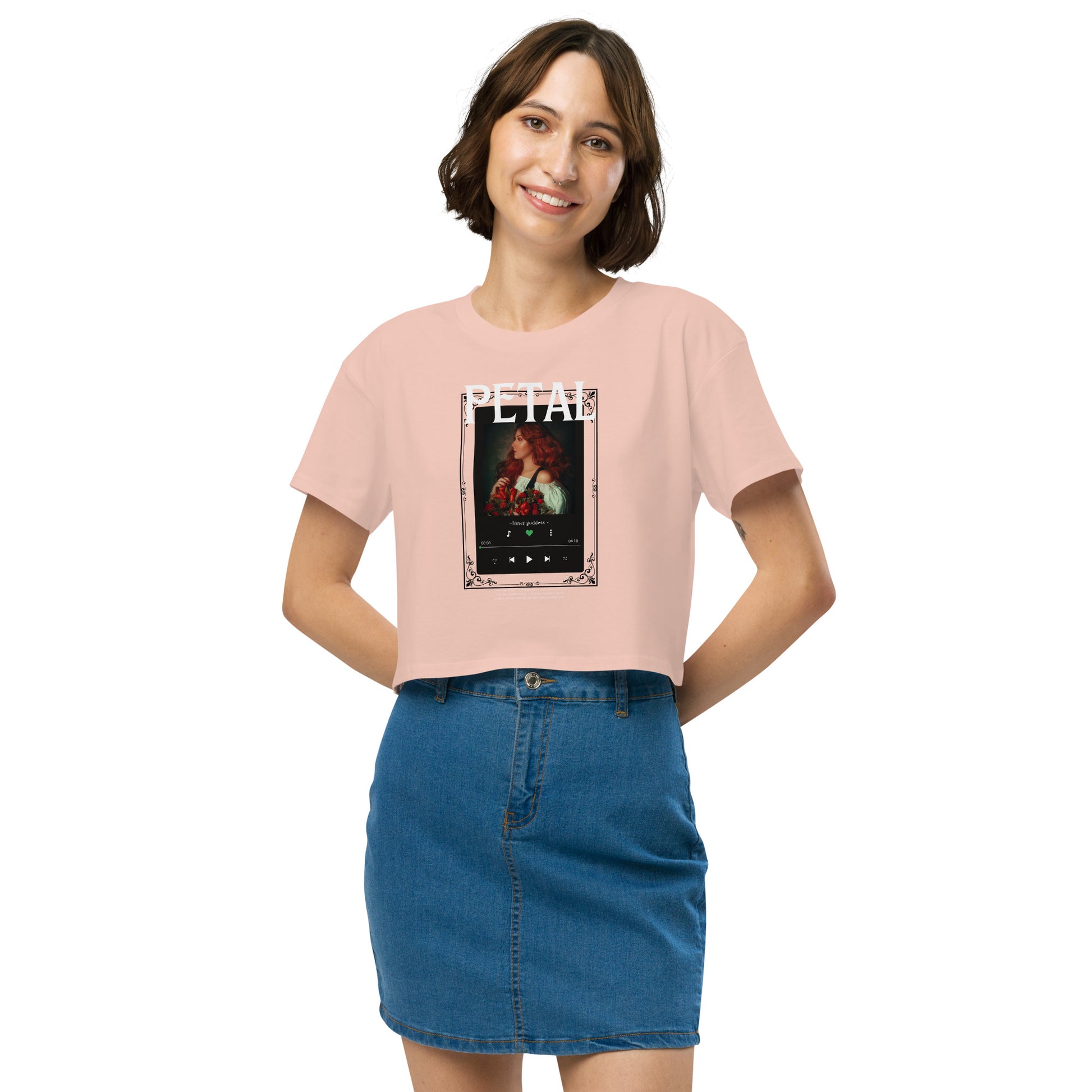 Petaline Crop Top by R.A. Apparel, image 18, front view, Pale Pink, size M, design placement.