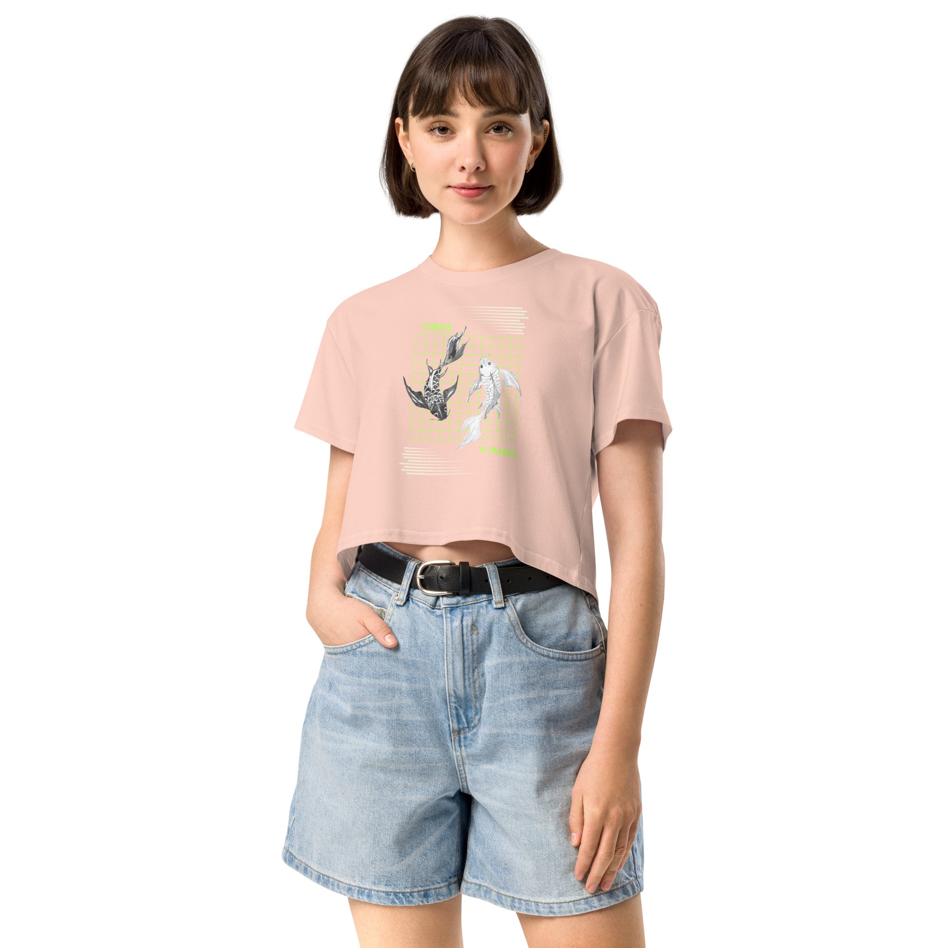 Equinoxe Crop Top by R.A. Apparel, image 14, front view, Bubblegum, size M, design placement.
