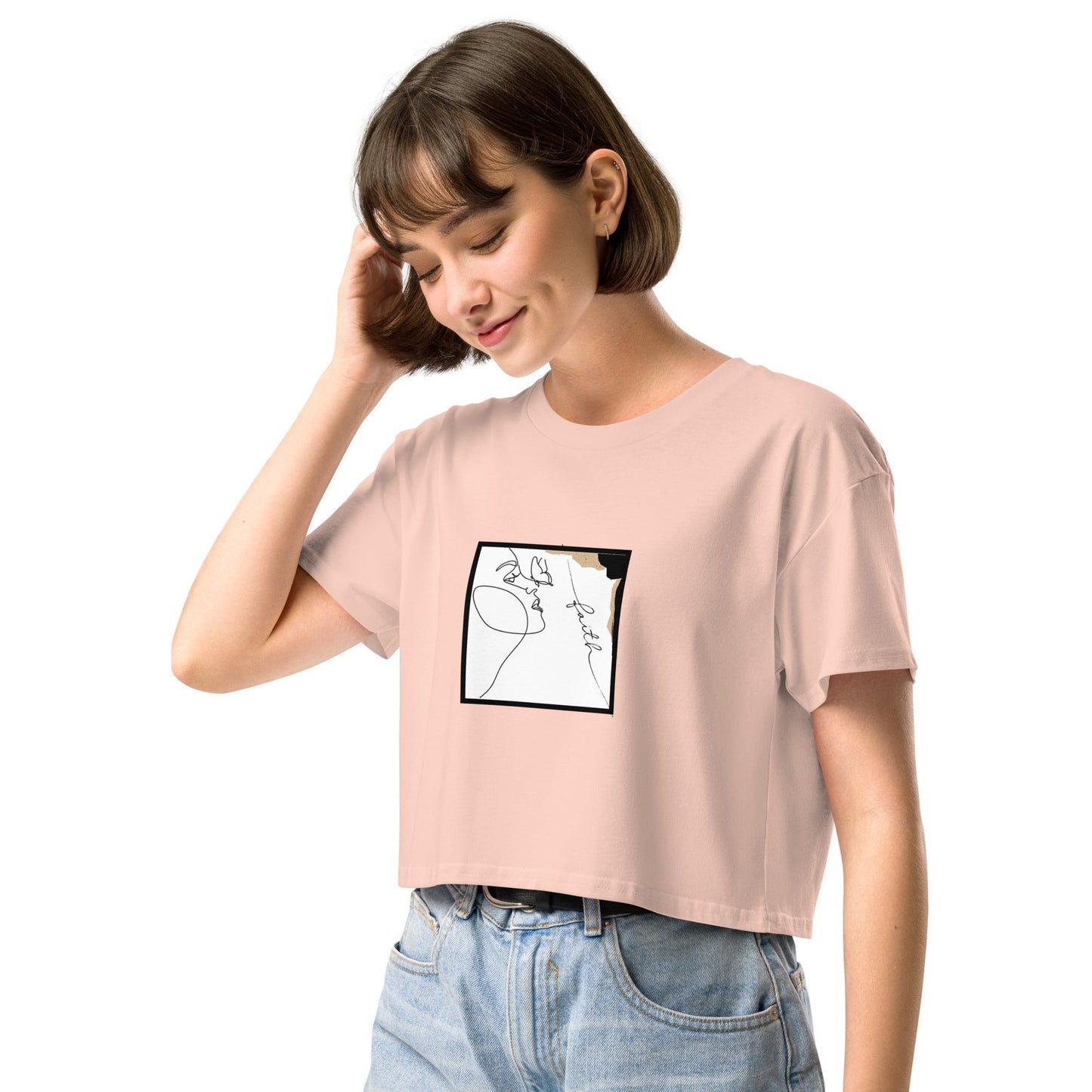 Faithline Crop Top - Left Placement image 5: Black version, size XL with front view, left-side angle of the Faith range.