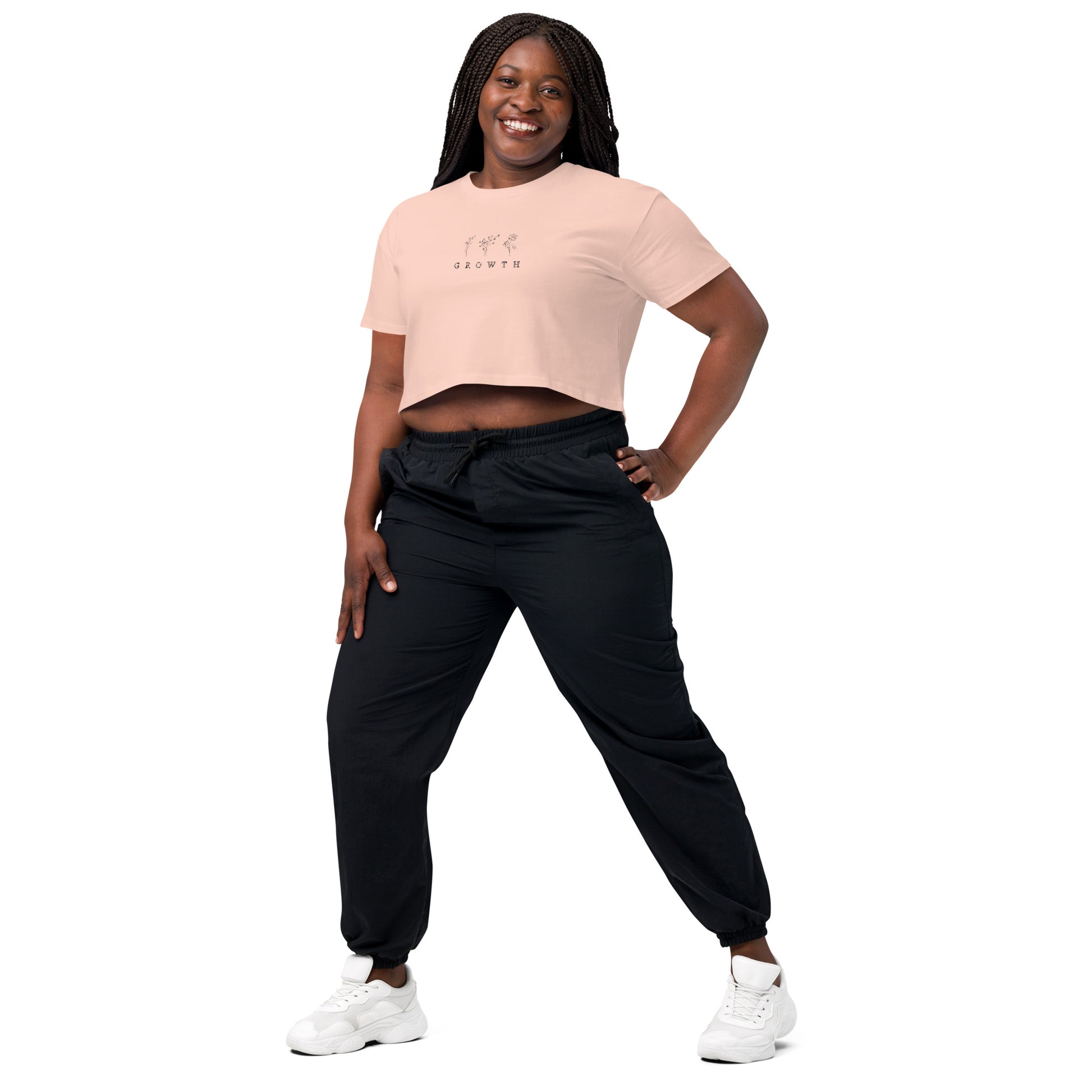 Image 33 of Orchid Growthline Crop Top - Left Placement, size M, with Growth artwork visible in front view, left-side angle.