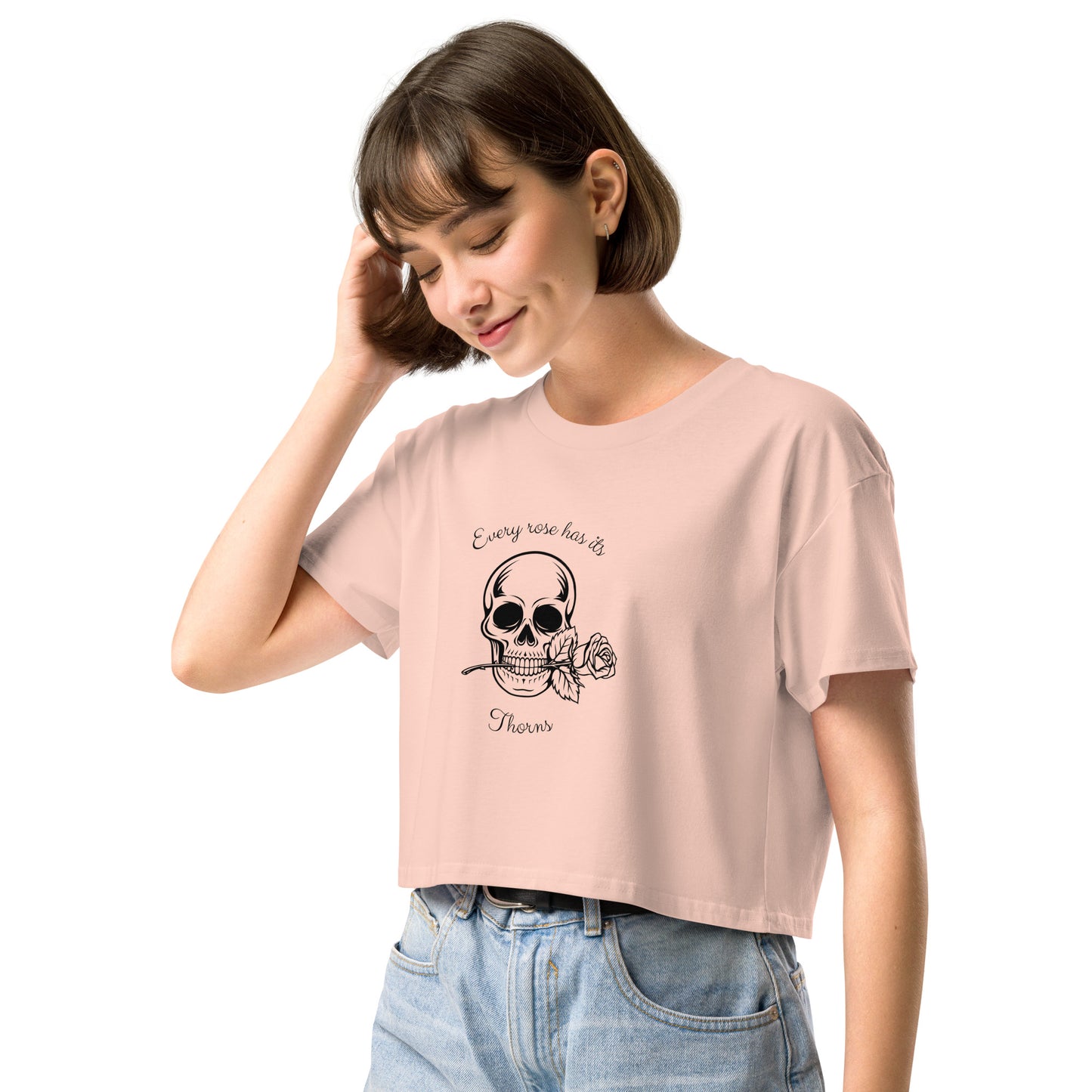 Image 12 of Bubblegum Rose & Bone Crop Top - Left Placement, size S, with Skull and Rose artwork visible in front view, left-side angle.