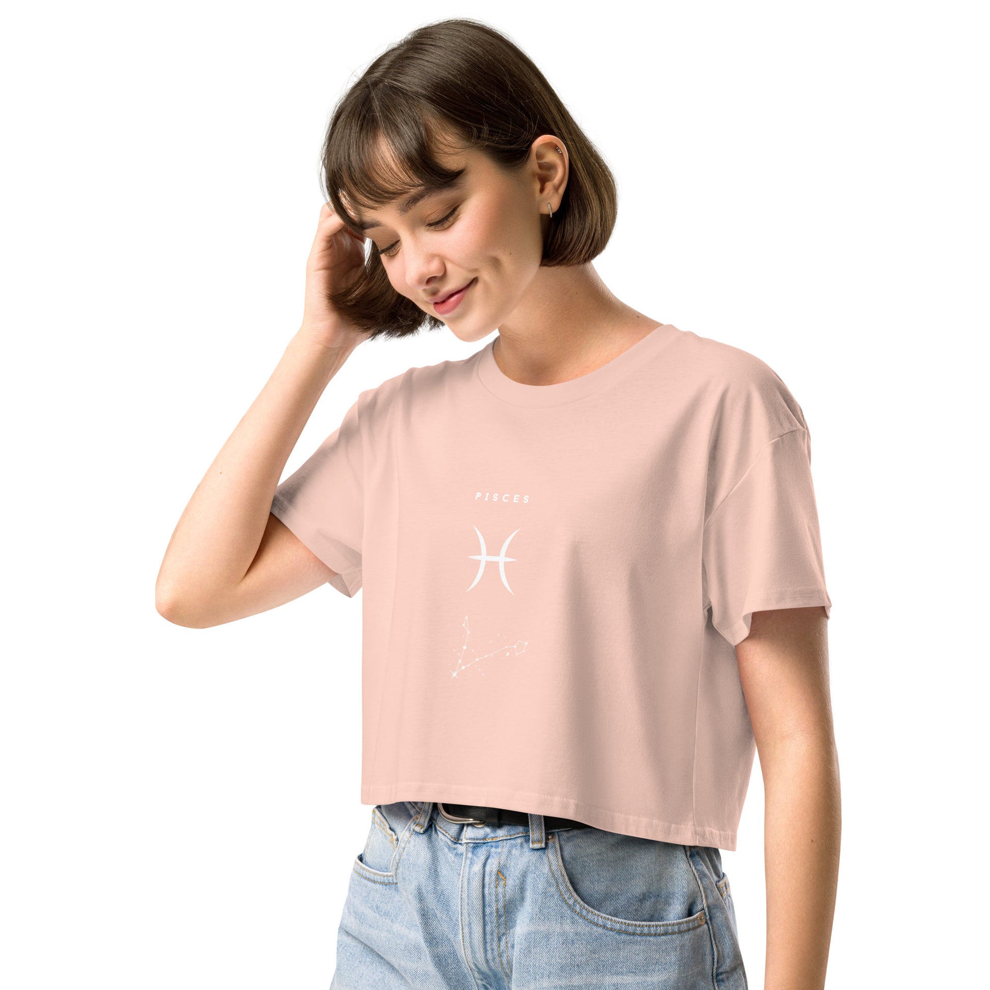 Tideborn Crop Top - Left Placement by R.A. Apparel, image 11, front view, left-side angle, Hazy Pink, size XS, left placement.