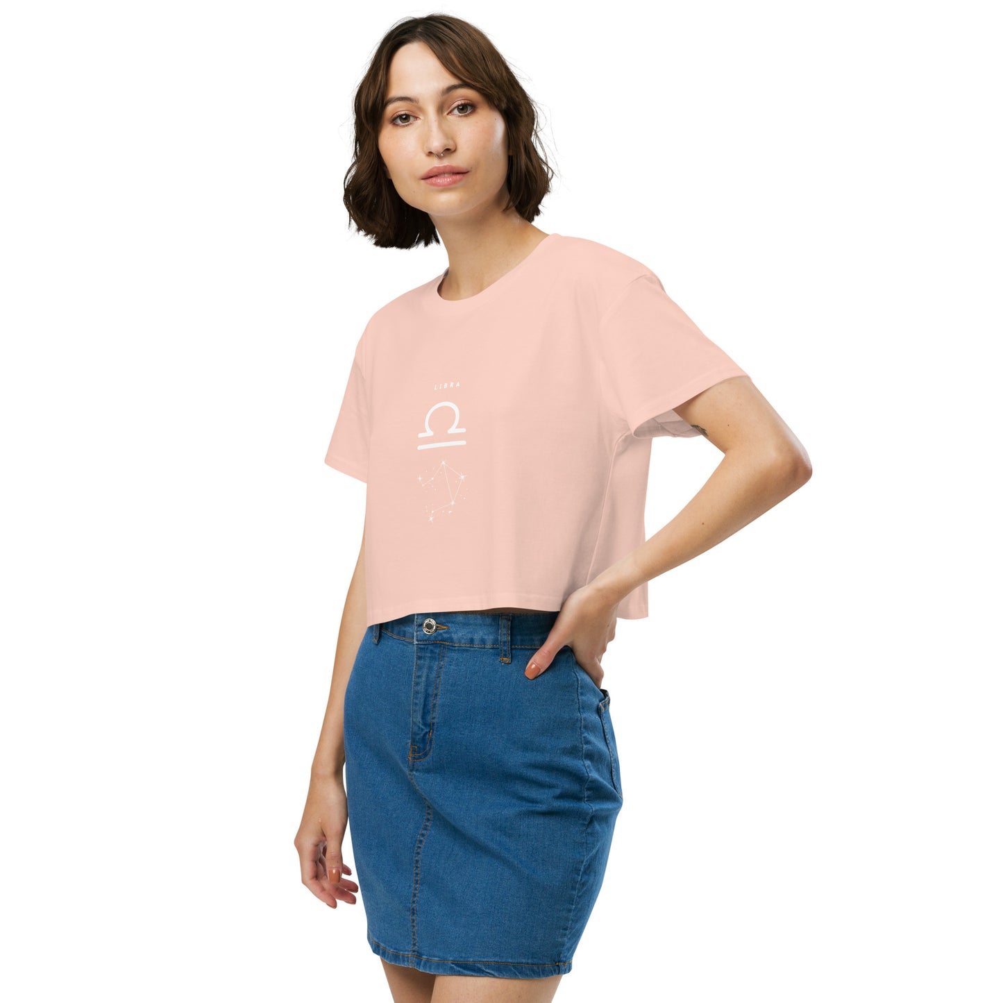 Balance Court Crop Top - Left Placement image 19 in Bubblegum, size L, showing front view, left-side angle for the Libra design.
