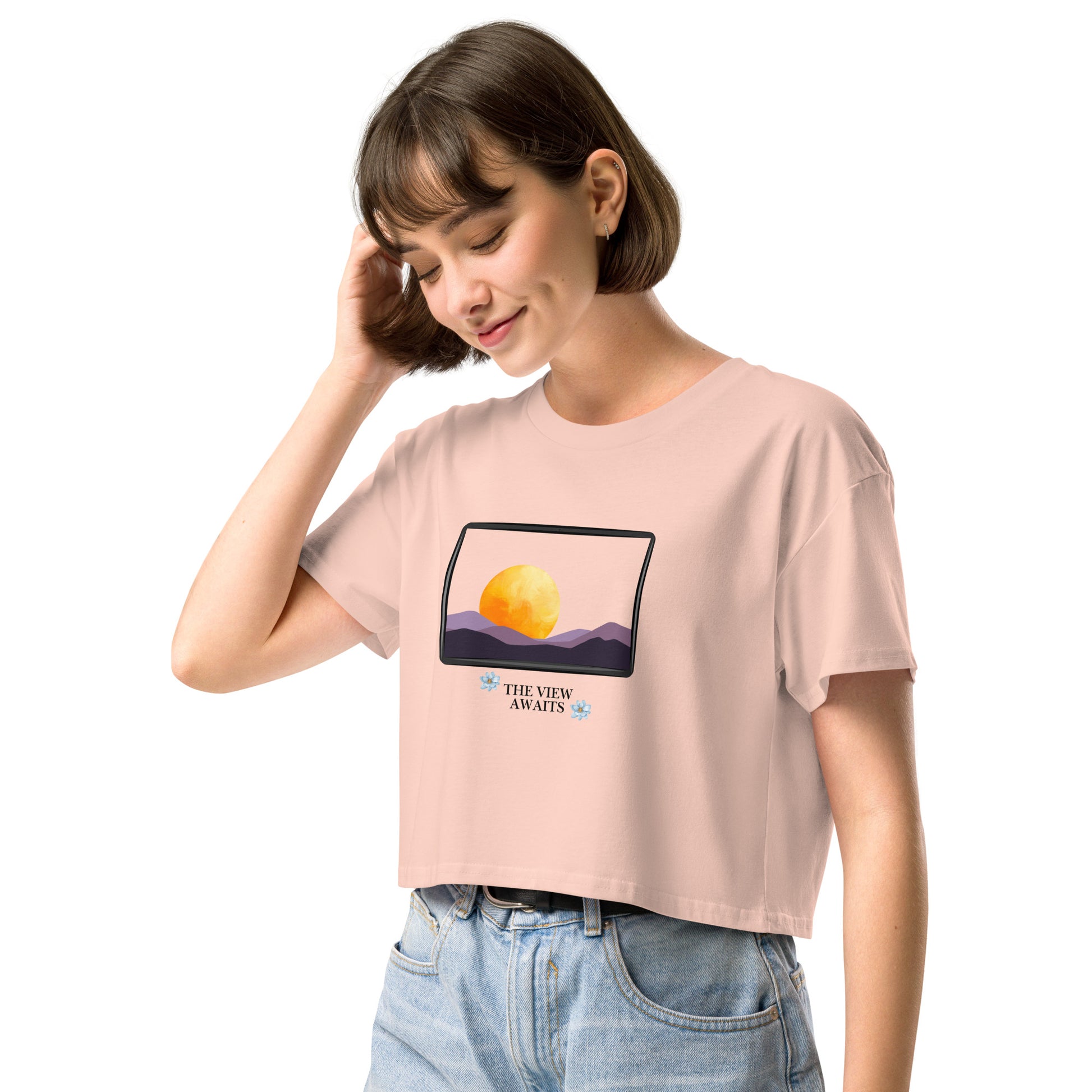 Image 15 of Bubblegum Avenor Crop Top, size L, with The View Awaits artwork visible in front view, left-side angle.
