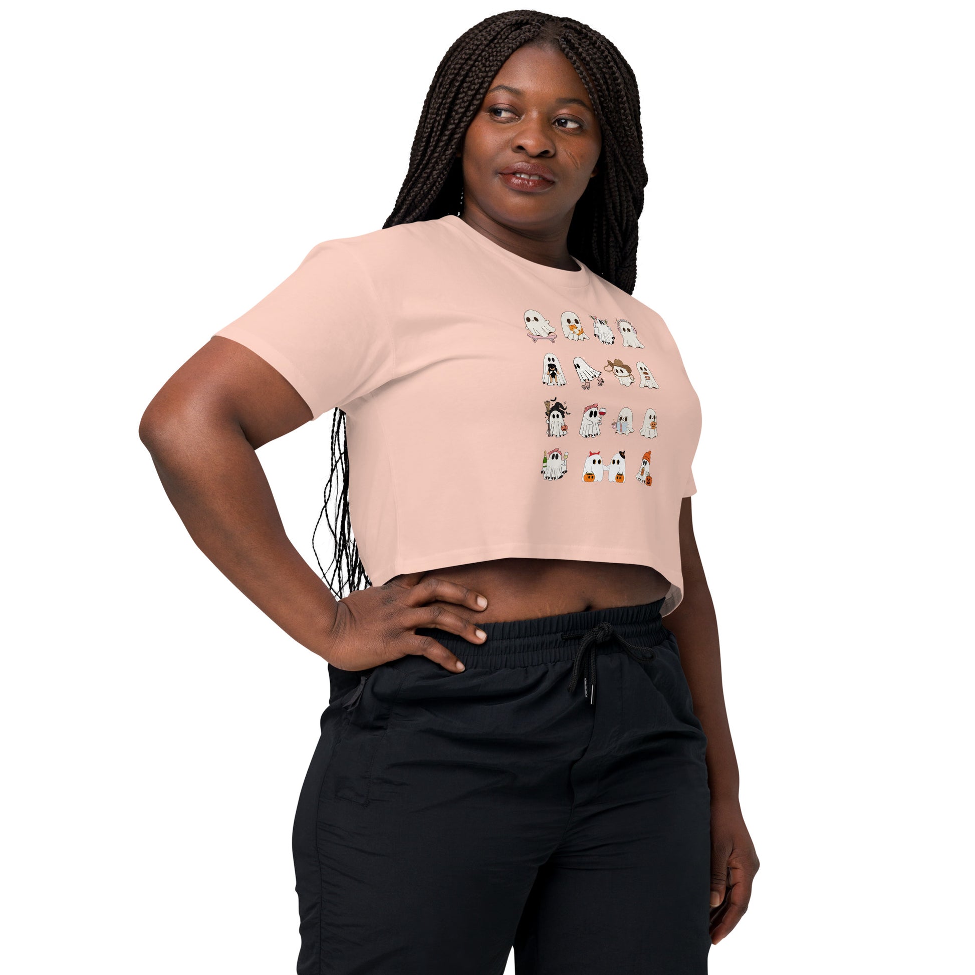 Spectral Crop Top - Left Placement image 32 in Orchid, size S, showing front view, right-side angle for the Ghosts design.