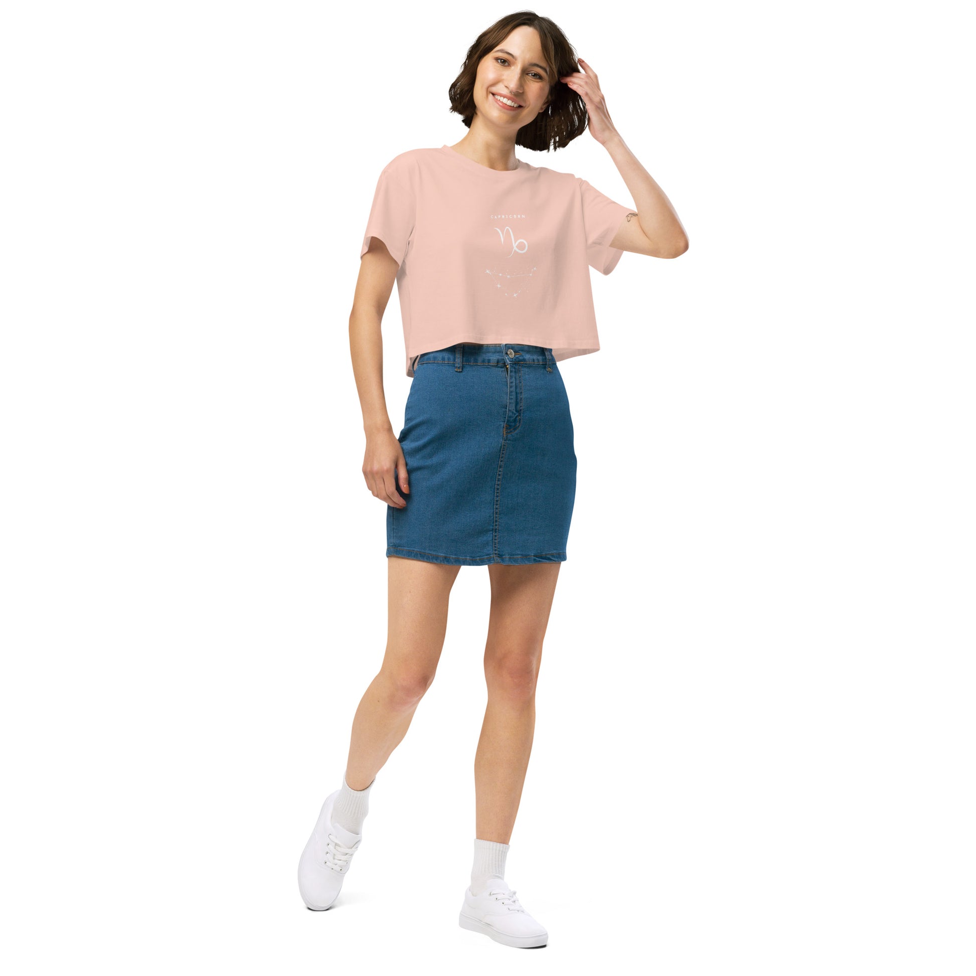 Montaire Crop Top by R.A. Apparel, image 17, front view, right-side angle, Bubblegum, size S, design placement.
