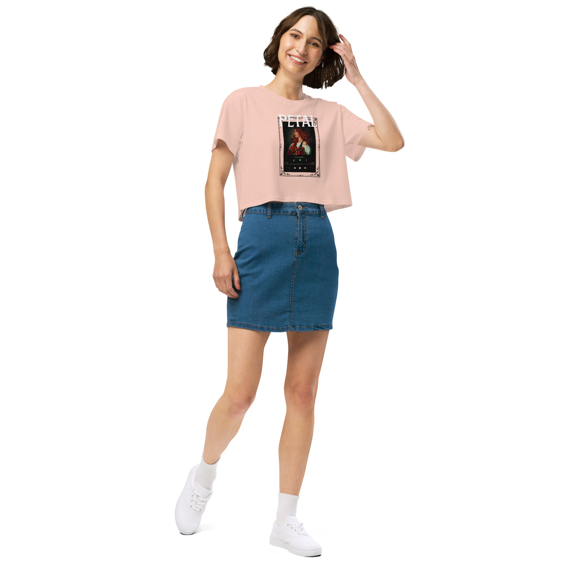 Petaline Crop Top by R.A. Apparel, image 17, front view, right-side angle, Pale Pink, size S, design placement.