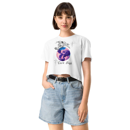 Image 11 of Hazy Pink Skyborne Crop Top - Left Placement, size XS, with Sore High artwork visible in front view.