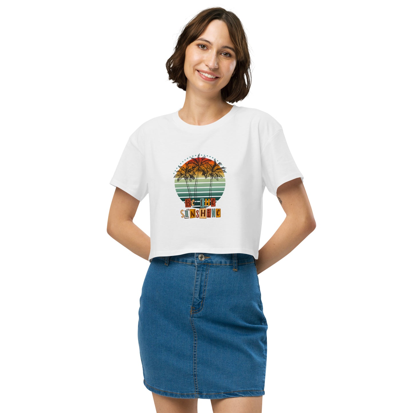 Solara Crop Top image 38 in White, size M, showing front view for the Be the Sunshine design.