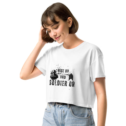 Image 5 of Mineral Fortitude Crop Top - Left Placement, size XL, with Soldier On artwork visible in front view, left-side angle.