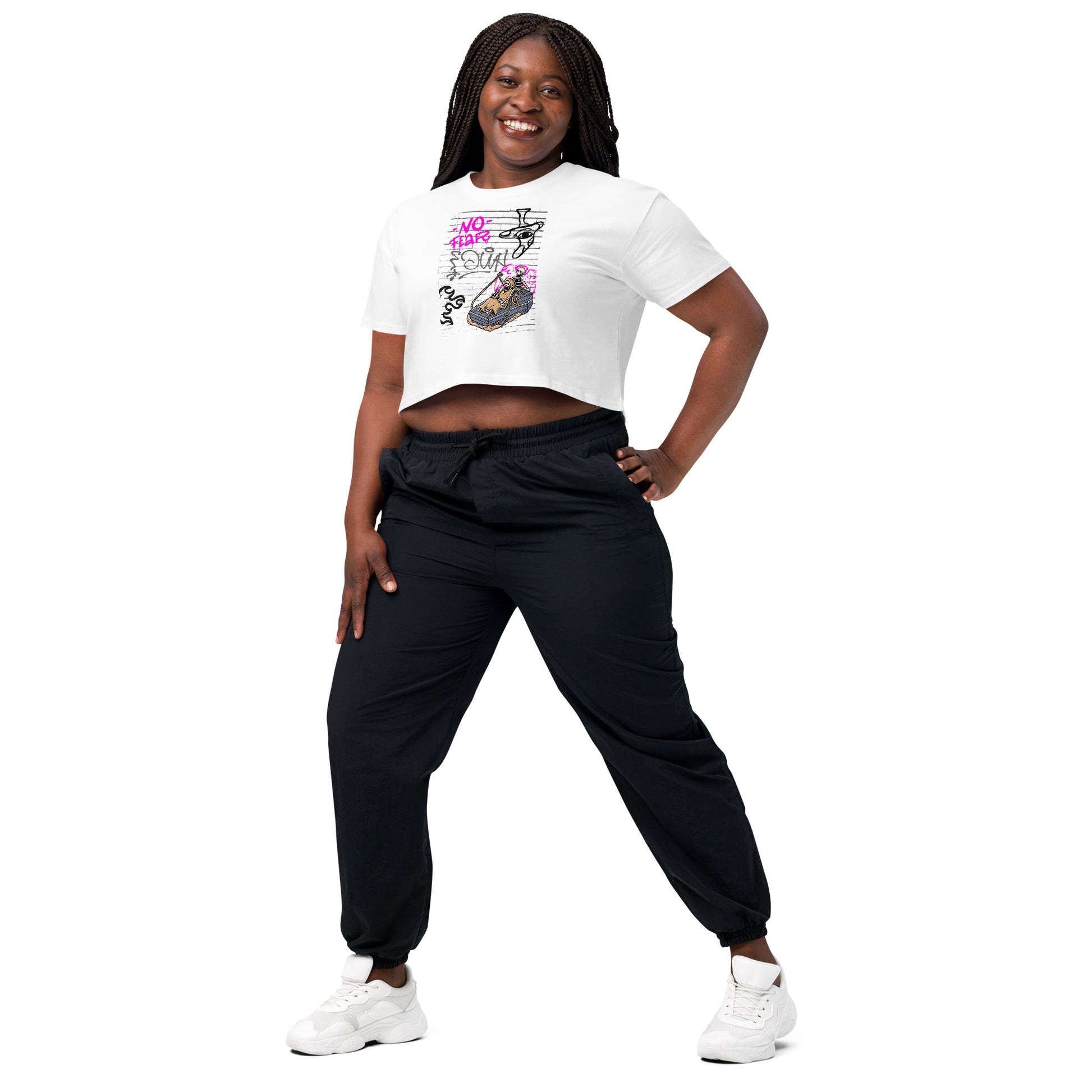 Fearless Crop Top - Left Placement by R.A. Apparel, image 18, front view, left-side angle, Bubblegum, size M, left placement.