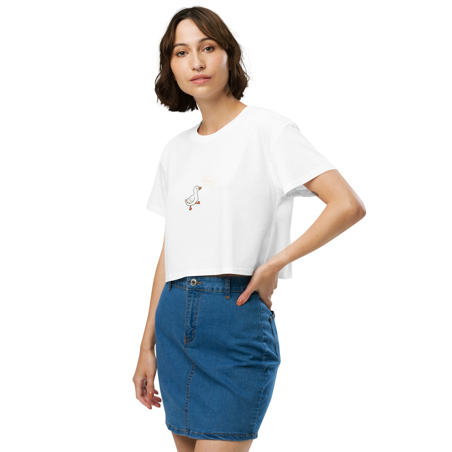 Quacksy Crop Top image 39: White version, size L with front view, left-side angle of the Hello Duck range.