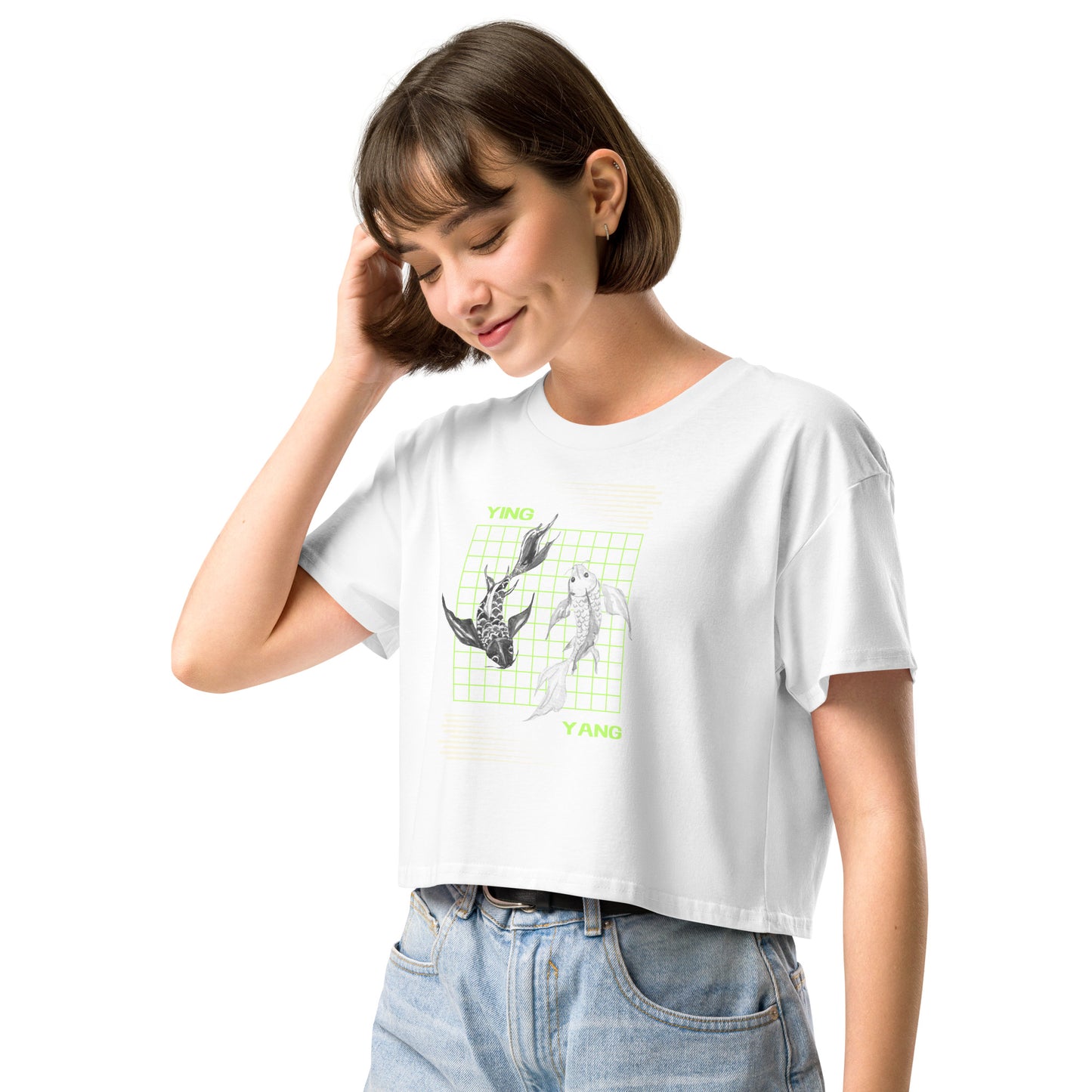 Equinoxe Crop Top image 30: Natural version, size M with front view, left-side angle of the Ying and Yang range.