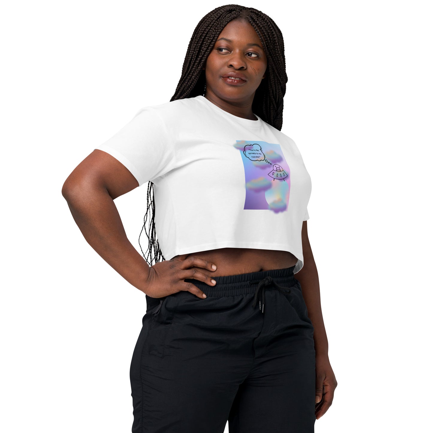 Sprinkle Theory Crop Top - Left Placement image 17 in Bubblegum, size S, showing front view, right-side angle for the You're the Sprinkle to My Cupcake design.