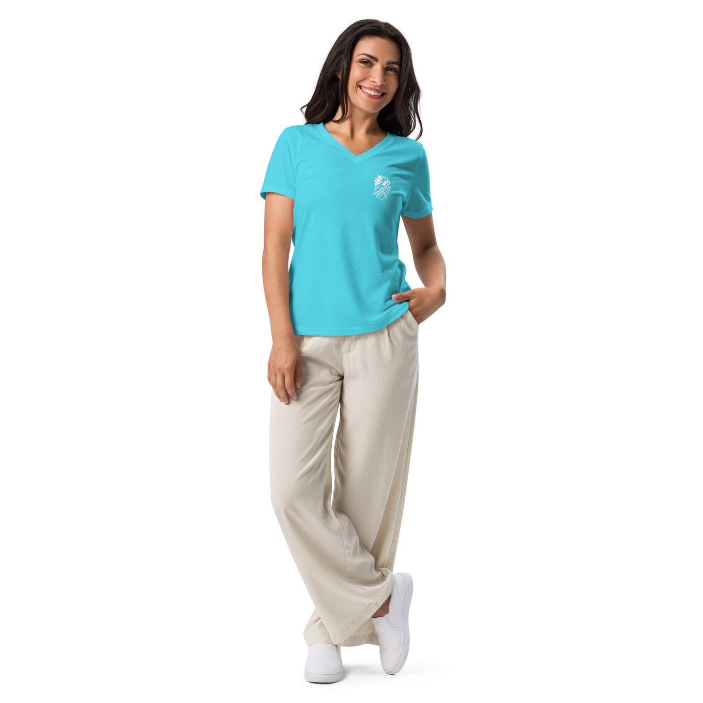 Aether Women's T-Shirt - Left Placement image 7: Heather Navy version, size M with front view of the Aether range.